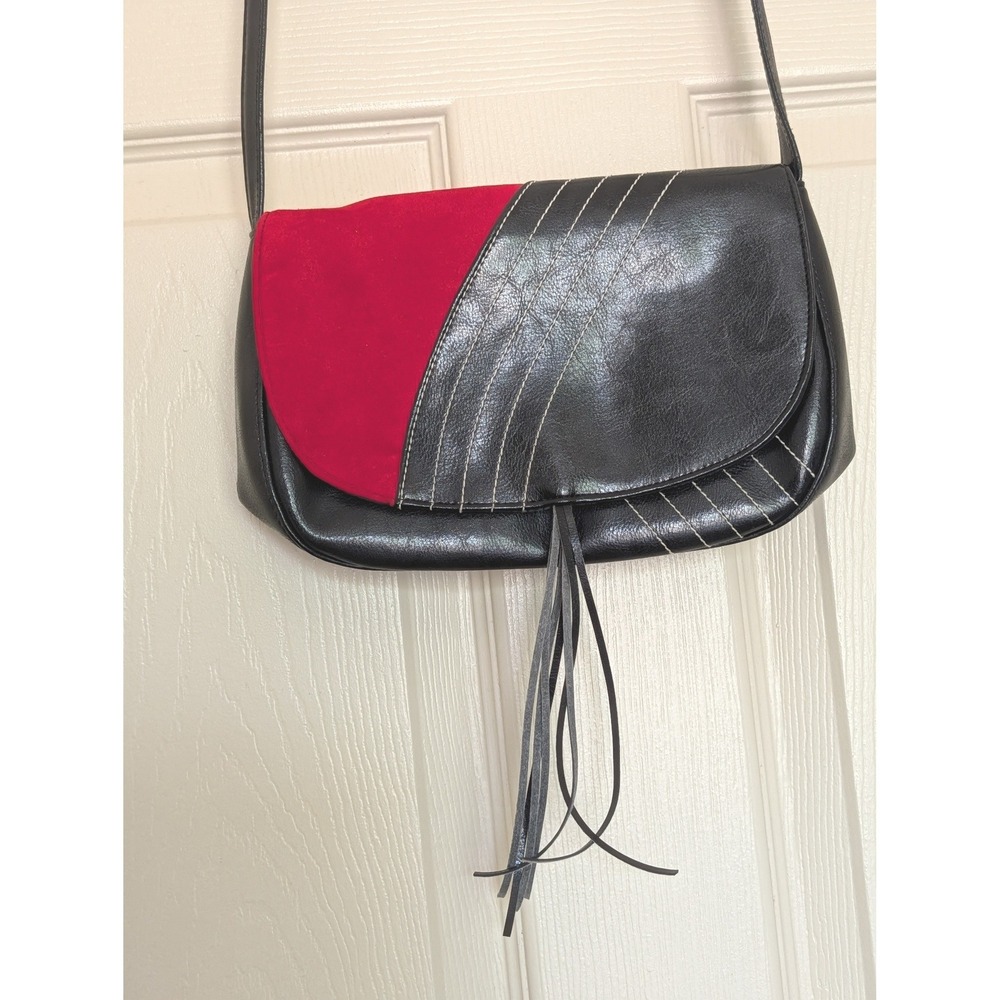 Victorias Secret Black Red Colorblock Faux Leather Suede Tassel purse. - Picture 2 of 8